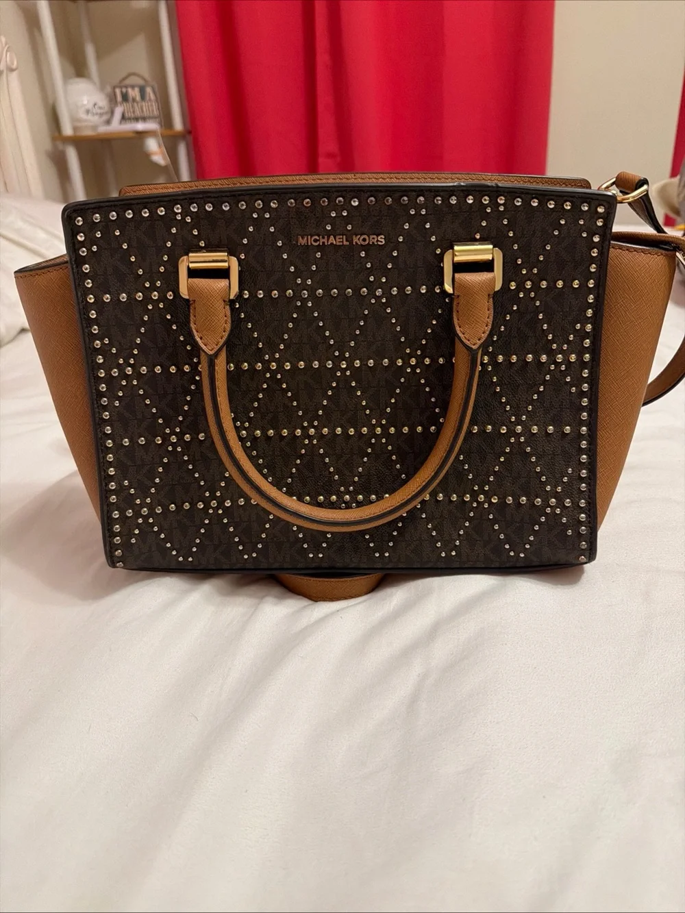 Michael Kors Black Front with Brown Trim Studded Satchel